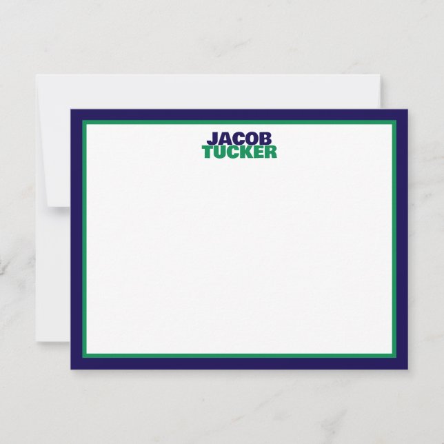Stacked Name Navy Green Border Preppy Stationery Card (Front)