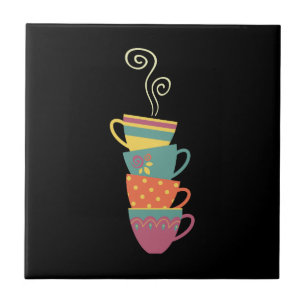 Stacked porcelain cuprs, tea, coffee steaming tile