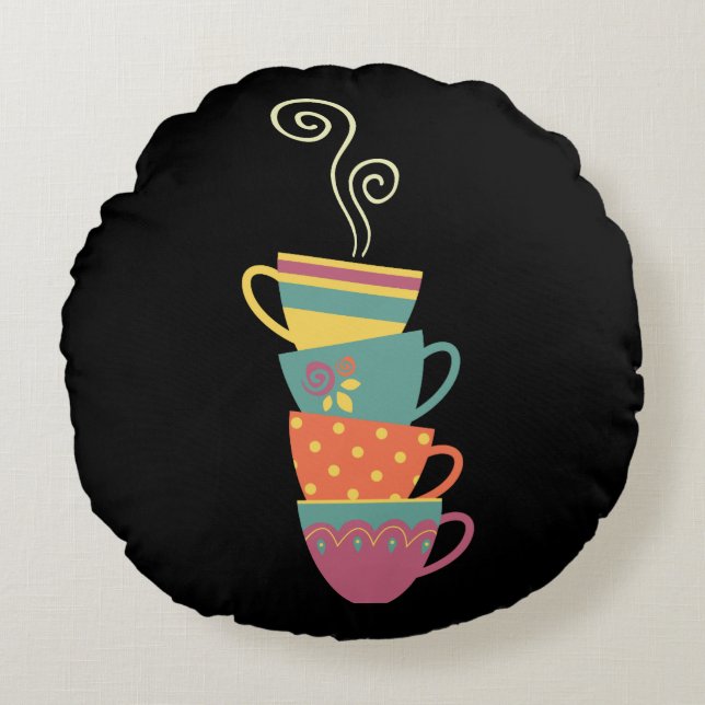 Stacked porcelain cups, tea, coffee steaming round cushion (Front)