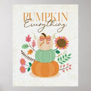 Stacked Pumpkins Fall Leaves Autumn Boho Florals  Poster