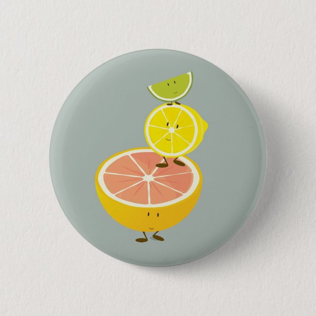 Stacked smiling citrus fruit 6 cm round badge (Front)