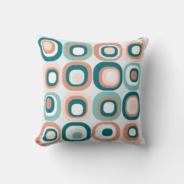 Stacked Squares Mid Century Mod Teal, Peach Cushion (Front)