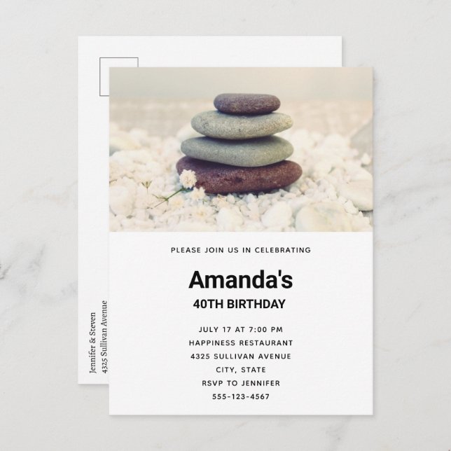 Stacked Stones Meditative Cairn Birthday Invitation Postcard (Front/Back)