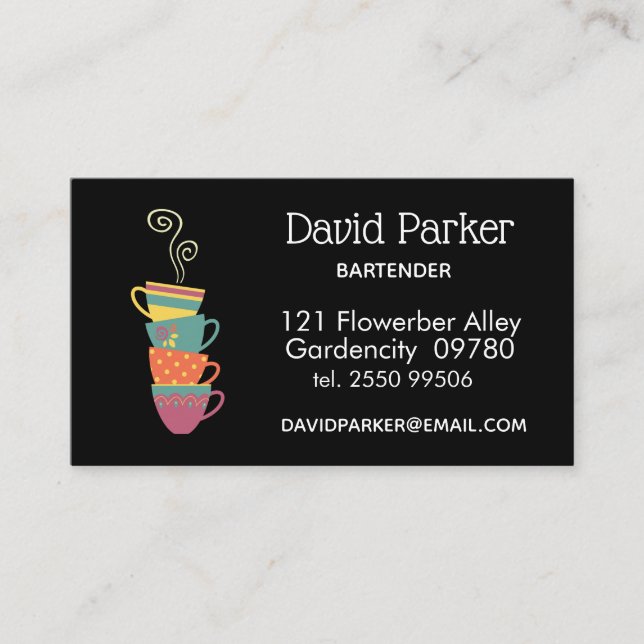 Stacked Tea Cups, coffee shop, chai shop Business Card (Front)