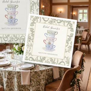 Stacked Teacup Vintage Ribbon Floral Bridal Tea Napkin