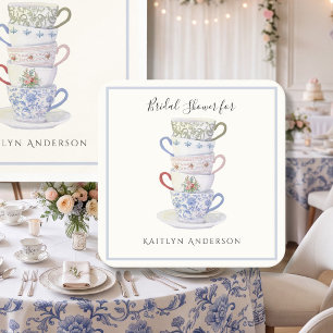 Stacked Teacups Bridal Tea Vintage Watercolor Blue Square Paper Coaster