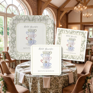 Stacked Teacups Bridal Tea Vintage Watercolor Sage Square Paper Coaster