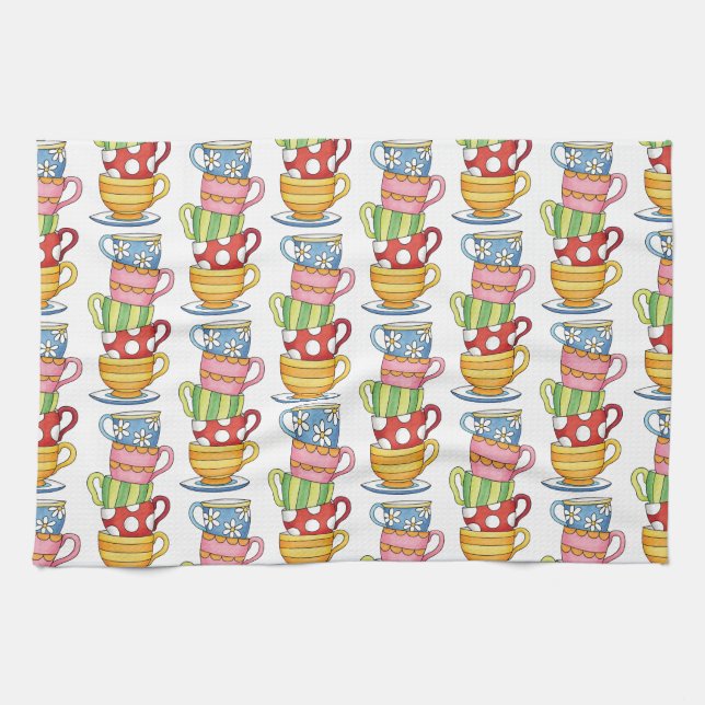 Stacked Teacups Teatime Illustration Tea Towel (Horizontal)