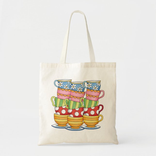 Stacked Teacups Teatime Illustration Tote Bag (Front)