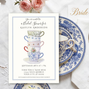 Stacked Teacups Vintage Watercolor Blue Bridal Tea