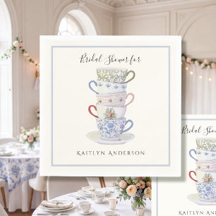 Stacked Teacups Vintage Watercolor Blue Bridal Tea Napkin