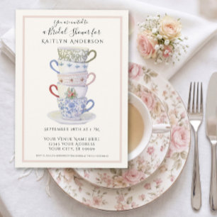 Stacked Teacups Vintage Watercolor Pink Bridal Tea