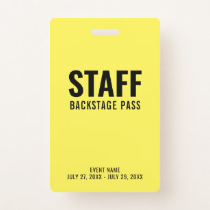 Staff Backstage Pass Yellow ID Badge