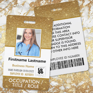 Staff Photo ID Barcode Logo 14K Gold Glitter ID Badge