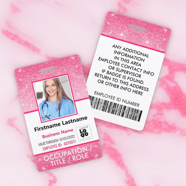 Staff Photo ID Barcode Logo Hot Pink Glitter Name ID Badge (Creator Uploaded)