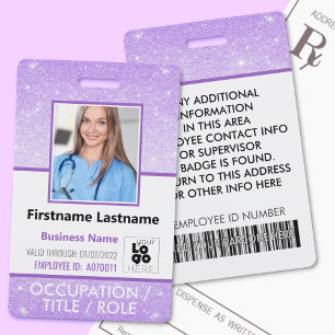 Staff Photo ID Barcode Logo Purple Glitter Name ID Badge