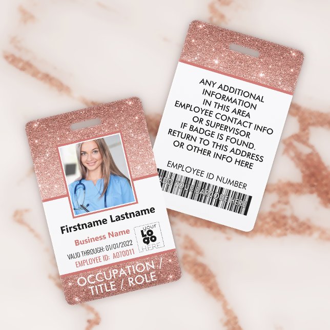 Staff Photo ID Barcode Logo Rose Gold Glitter Name Badge (Creator Uploaded)
