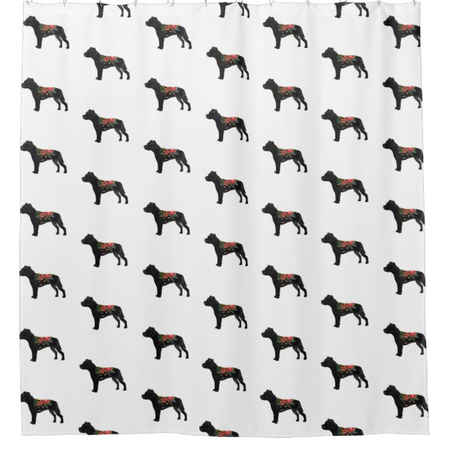 Staffie Dog Breed Boho Floral Silhouette Shower Curtain (Front)