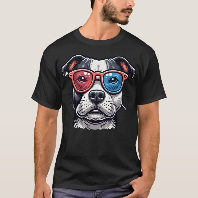 Staffordshire Bull Dog With Glasses Pop Art Style T-Shirt (Front)