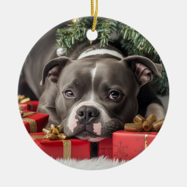 Staffordshire Bull Terrier Christmas Ceramic Tree Decoration (Front)