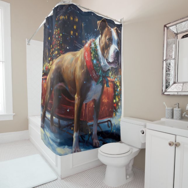 Staffordshire Bull Terrier Christmas Festive Shower Curtain (In Situ)