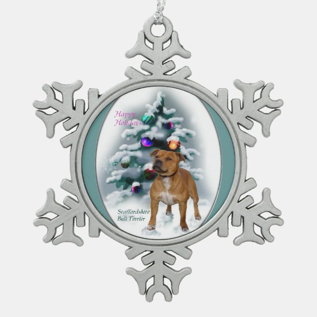 Staffordshire Bull Terrier Christmas Snowflake Pewter Christmas Ornament (Front)