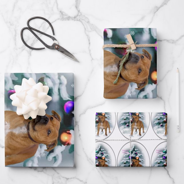 Staffordshire Bull Terrier Christmas Wrapping Paper Sheet (Front)