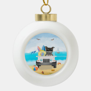 staffordshire bull terrier Dog Driving on Beach  Ceramic Ball Christmas Ornament