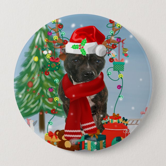 Staffordshire Bull Terrier Dog in Snow Christmas  10 Cm Round Badge (Front)
