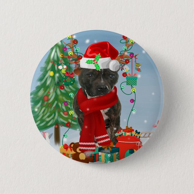 Staffordshire Bull Terrier Dog in Snow Christmas  6 Cm Round Badge (Front)