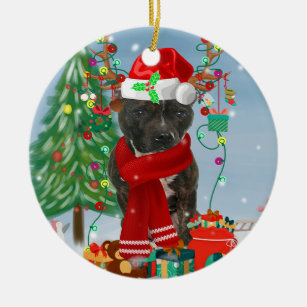 Staffordshire Bull Terrier Dog in Snow Christmas Ceramic Tree Decoration