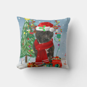Staffordshire Bull Terrier Dog in Snow Christmas Cushion
