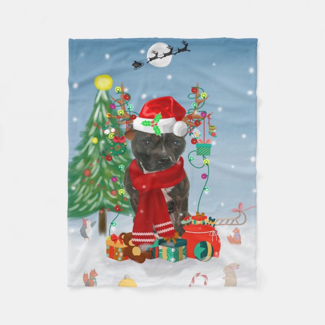 Staffordshire Bull Terrier Dog in Snow Christmas  Fleece Blanket (Front)