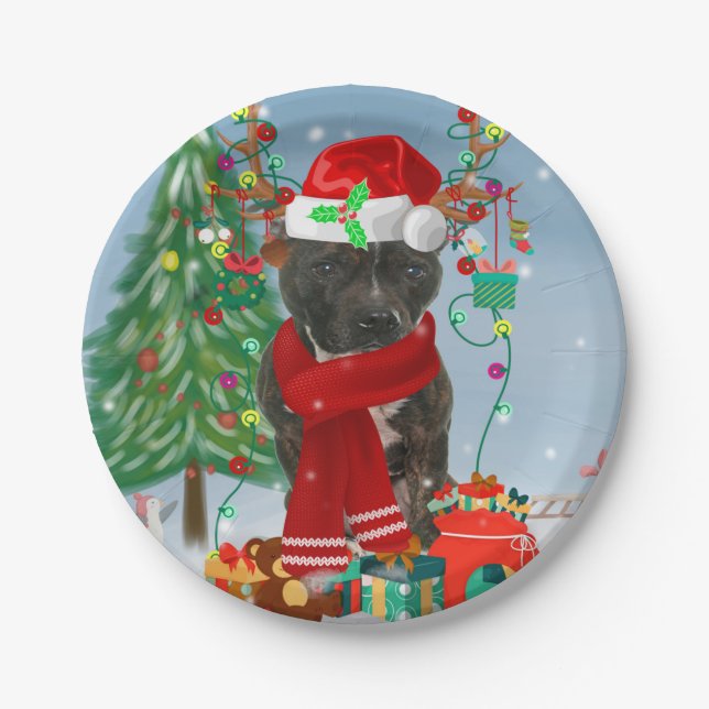 Staffordshire Bull Terrier Dog in Snow Christmas  Paper Plate (Front)