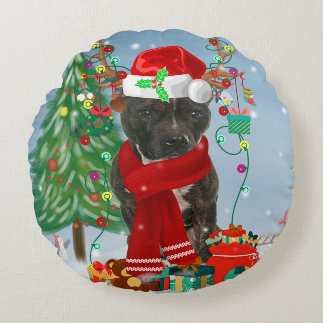 Staffordshire Bull Terrier Dog in Snow Christmas T Round Cushion (Front)