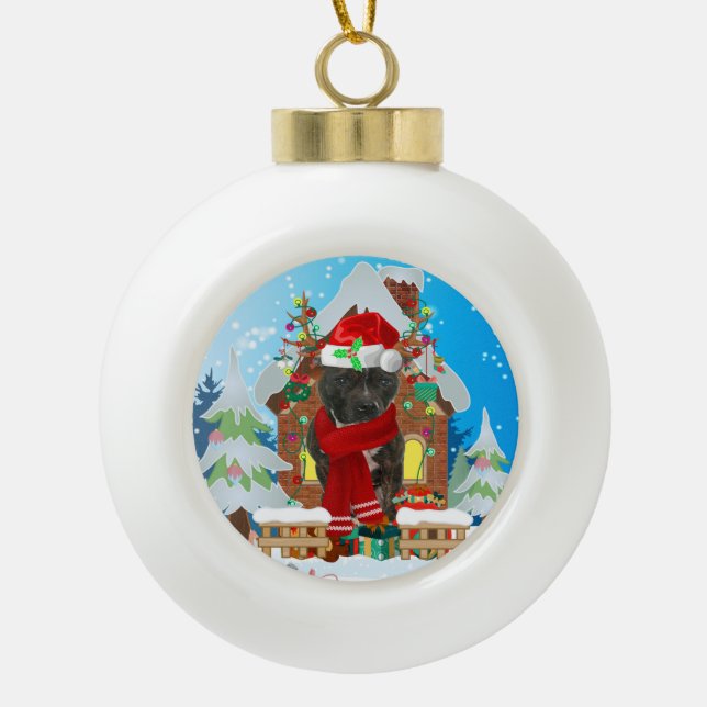 Staffordshire Bull Terrier dog with Christmas gift Ceramic Ball Christmas Ornament (Front)