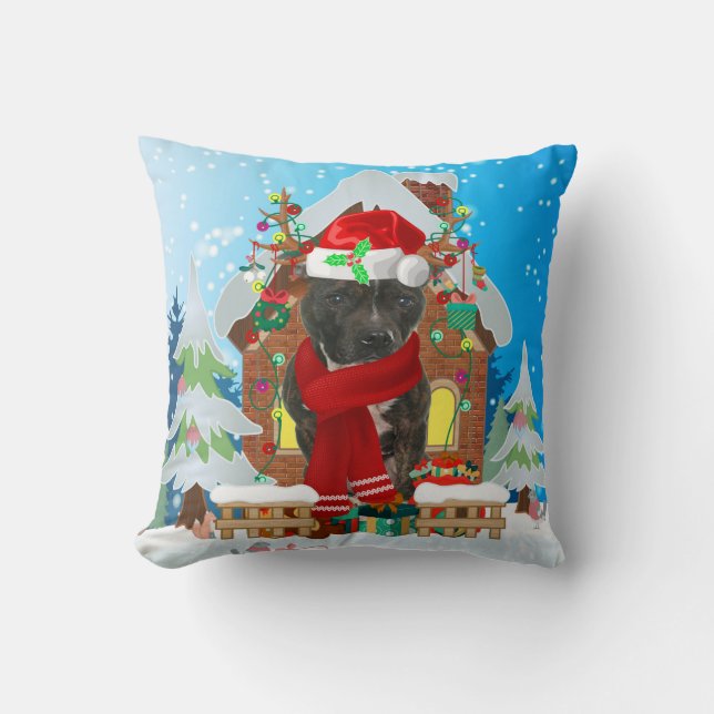Staffordshire Bull Terrier dog with Christmas gift Cushion (Front)