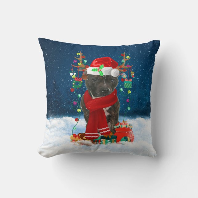 Staffordshire Bull Terrier dog with Christmas gift Cushion (Front)