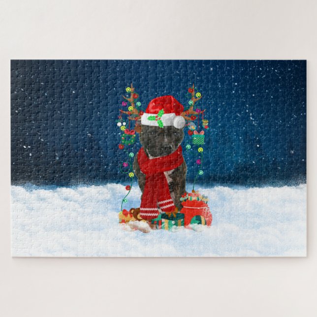 Staffordshire Bull Terrier dog with Christmas gift Jigsaw Puzzle (Horizontal)