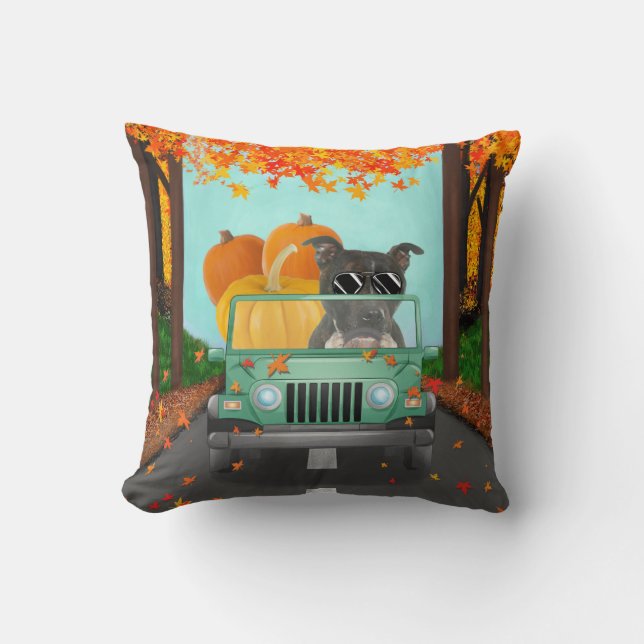 Staffordshire Bull Terrier Fall Pumpkin Cushion (Front)
