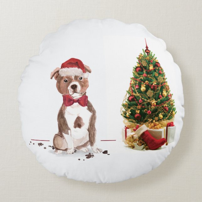Staffordshire Bull Terrier Funny Christmas Dog Round Cushion (Front)