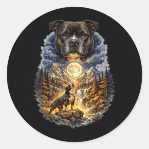 Staffordshire Bull Terrier Howling Moon Vintage Classic Round Sticker
