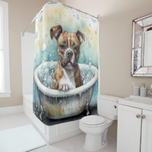 Staffordshire Bull Terrier In Bathtub Watercolor  Shower Curtain