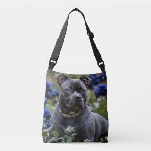 Staffordshire Bull Terrier In Blue Rose Garden, Crossbody Bag