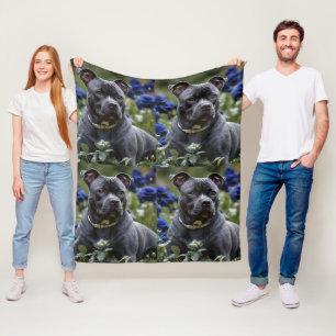 Staffordshire Bull Terrier In Blue Rose Garden, Fleece Blanket