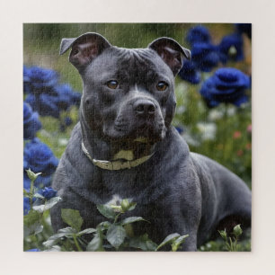 Staffordshire Bull Terrier In Blue Rose Garden, Jigsaw Puzzle