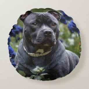 Staffordshire Bull Terrier In Blue Rose Garden,  Round Cushion