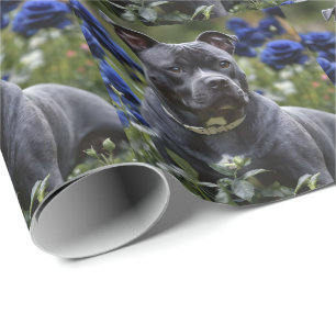 Staffordshire Bull Terrier In Blue Rose Garden, Wrapping Paper