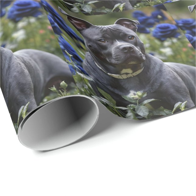 Staffordshire Bull Terrier In Blue Rose Garden,  Wrapping Paper (Roll Corner)