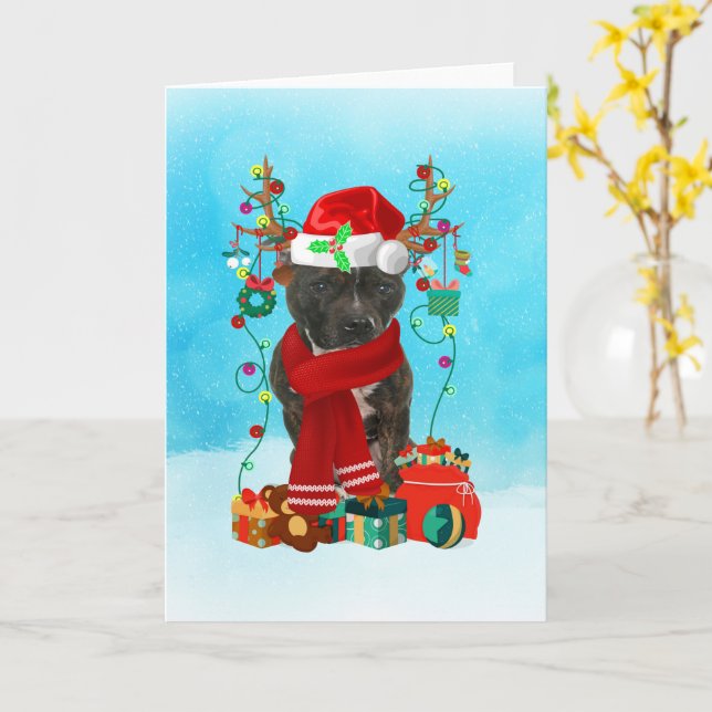 Staffordshire Bull Terrier in snow with Christmas  Card (Yellow Flower)